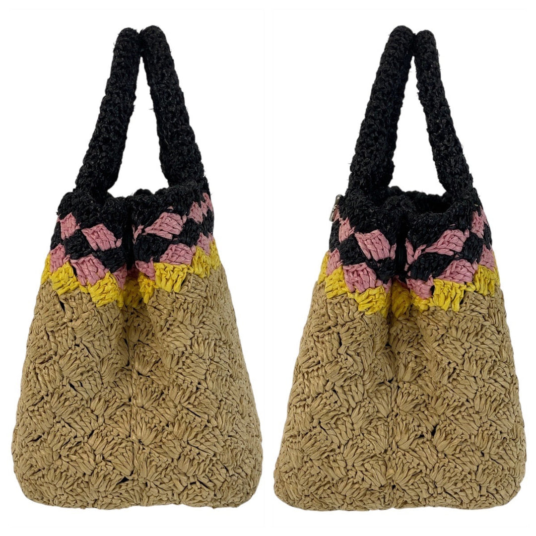 PRADA Handbag Raffia Beige Black SilverMetal Canapa TriangleWith logo