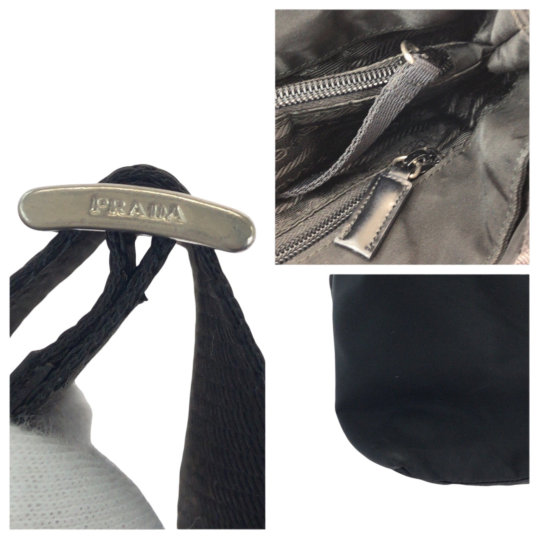 PRADA Shoulder Bag Nylon Black SilverMetal Shoulder Bag pochette Test Triangle With logo Women Used Authentic