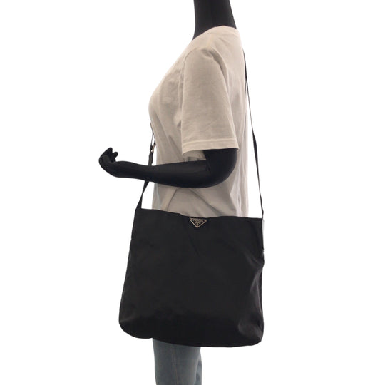 PRADA Shoulder Bag Nylon Black SilverMetal Shoulder Bag pochette Test Triangle With logo Women Used Authentic