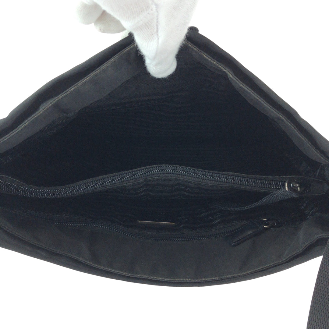 PRADA Shoulder Bag Nylon Black SilverMetal Shoulder Bag pochette Test Triangle With logo Women Used Authentic