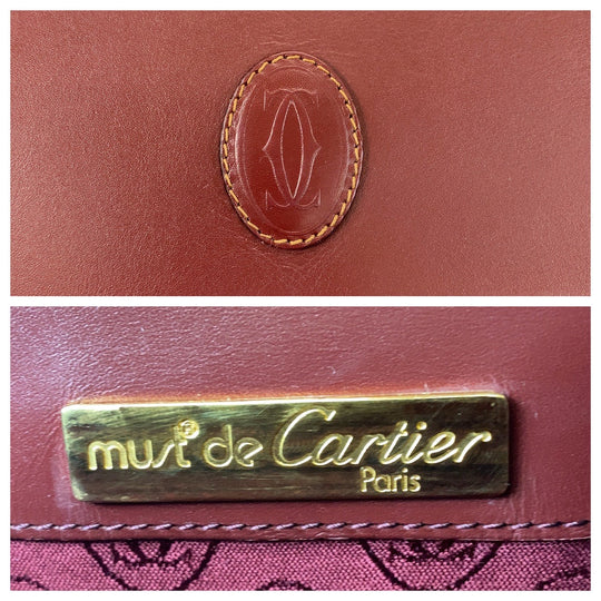 CARTIER Shoulder Bag leather Bordeaux Gold Metal Shoulder Bag Messenger bag Must Line Women Used Authentic