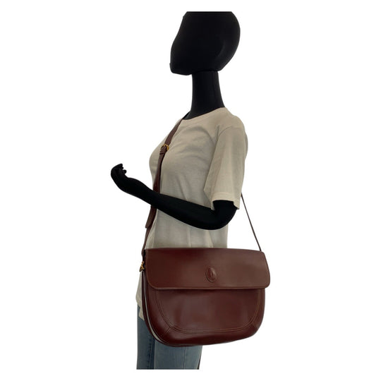 CARTIER Shoulder Bag leather Bordeaux Gold Metal Shoulder Bag Messenger bag Must Line Women Used Authentic