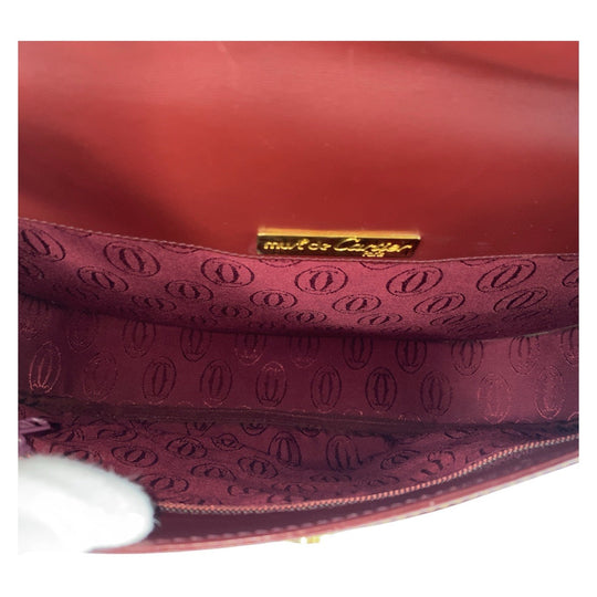 CARTIER Shoulder Bag leather Bordeaux Gold Metal Shoulder Bag Messenger bag Must Line Women Used Authentic