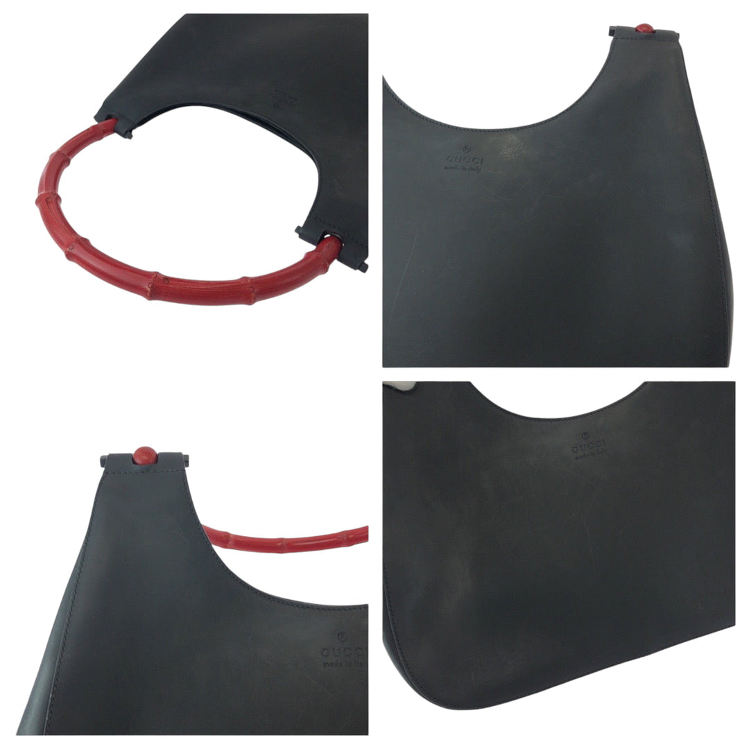 GUCCI Shoulder Bag 001 3709 leather Black Red SilverMetal One Shoulder Bag Bamboo Women Used Authentic