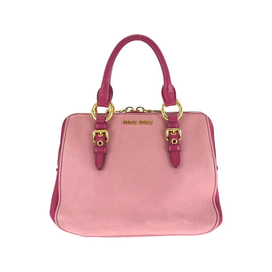 MIUMIU Handbag leather Pink Gold Metal Handbag Tote Bag Madras Women Used Authentic