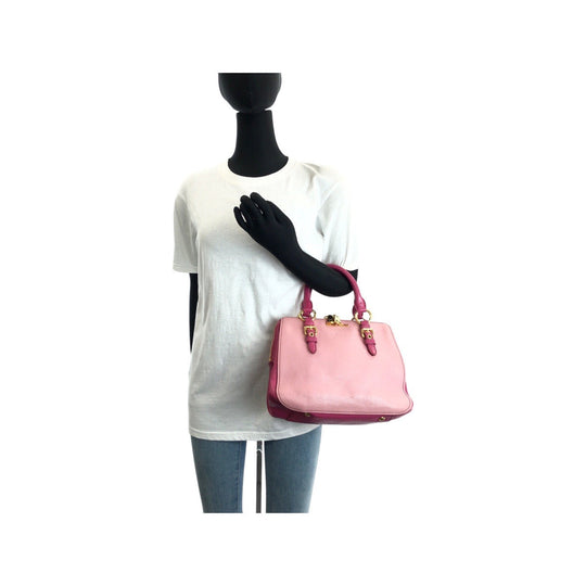 MIUMIU Handbag leather Pink Gold Metal Handbag Tote Bag Madras Women Used Authentic