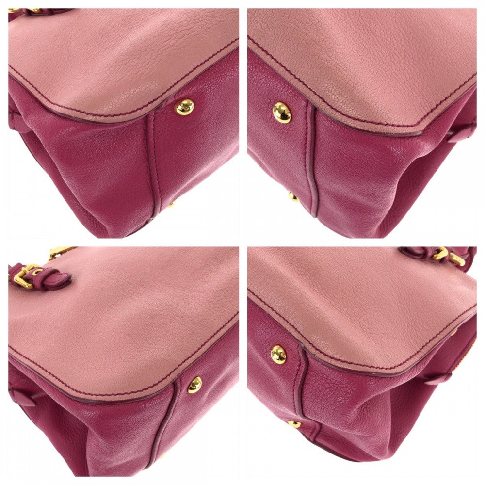 MIUMIU Handbag leather Pink Gold Metal Handbag Tote Bag Madras Women Used Authentic