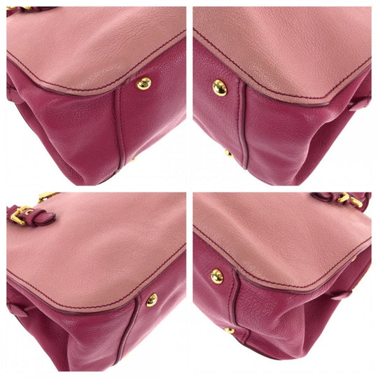 MIUMIU Handbag leather Pink Gold Metal Handbag Tote Bag Madras Women Used Authentic