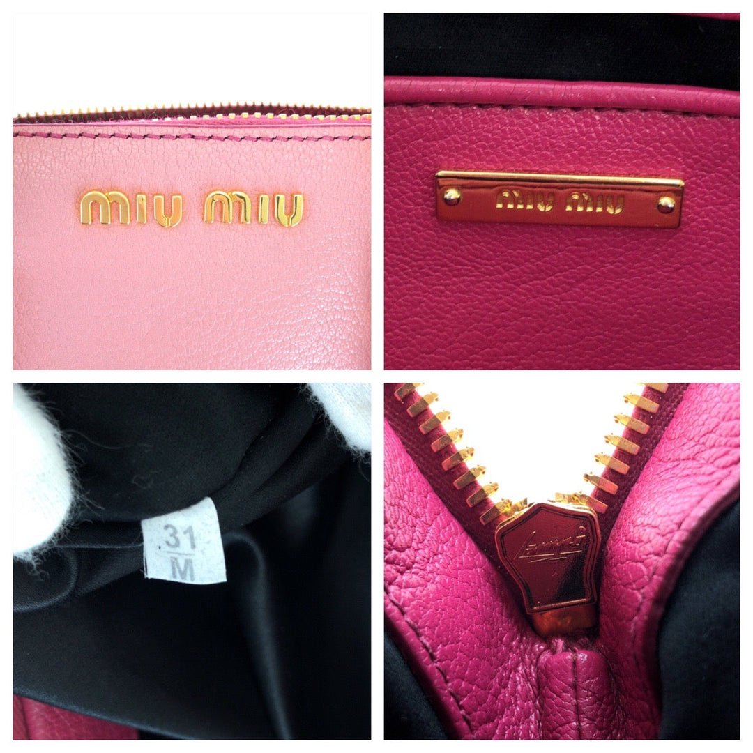 MIUMIU Handbag leather Pink Gold Metal Handbag Tote Bag Madras Women Used Authentic
