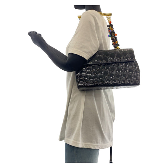 Gianni Versace Handbag enamel black Embossing