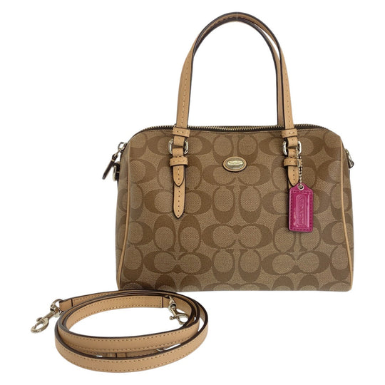 COACH Handbag PVC, Leather Beige SilverMetal Handbag Shoulder Bag 2way Signature Women Used Authentic