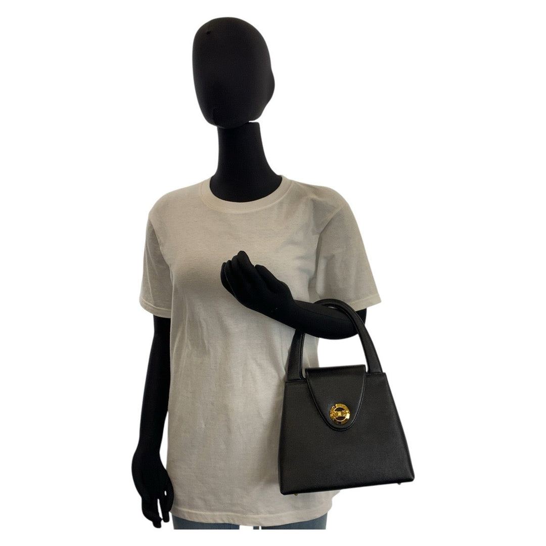 GIVENCHY Handbag leather Black GoldMetal Circle logo Women Used Authentic
