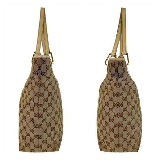 GUCCI Tote Bag 120835 GG canvas, leather Beige White Gold Metal Tote Bag Shoulder Bag Women Used Authentic