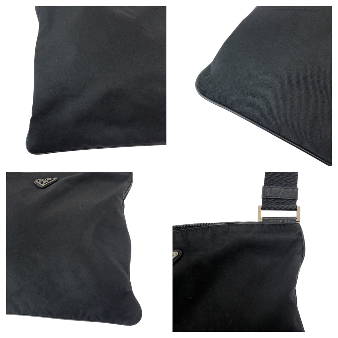 PRADA Shoulder Bag Nylon Black SilverMetal Shoulder Bag pochette Test Triangle With logo Women Used Authentic