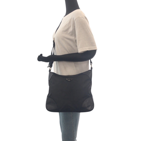 PRADA Shoulder Bag Nylon Black SilverMetal Shoulder Bag Messenger bag Test Triangle With logo Women Used Authentic