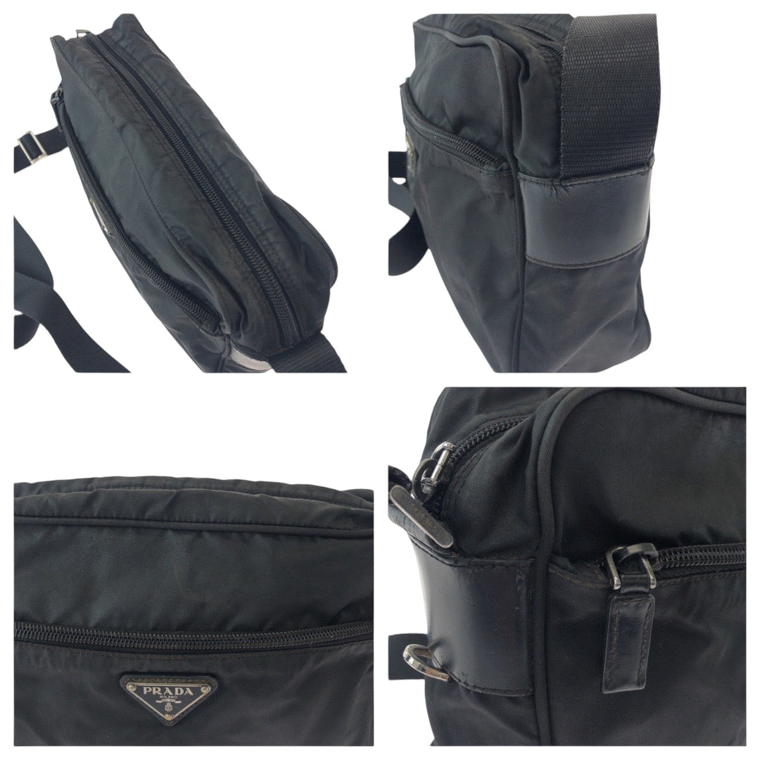 PRADA Shoulder Bag BT0166 Nylon Black SilverMetal Shoulder Bag pochette Test Triangle With logo Women Used Authentic