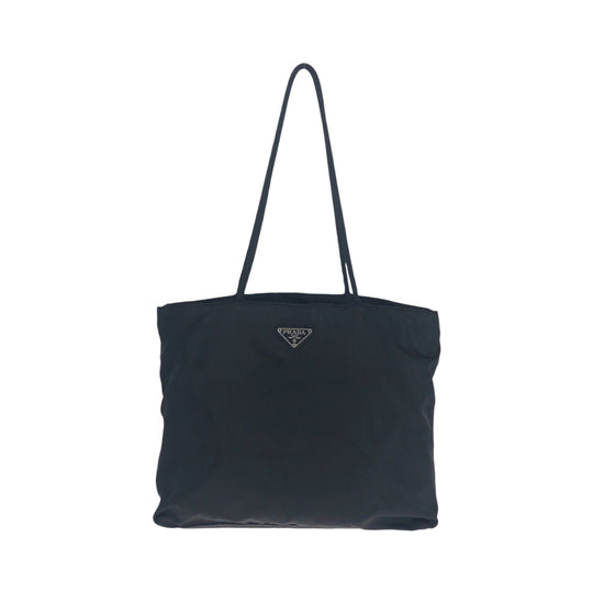 PRADA Tote Bag Nylon Black SilverMetal Tote Bag Shoulder Bag Test Triangle With logo Women Used Authentic