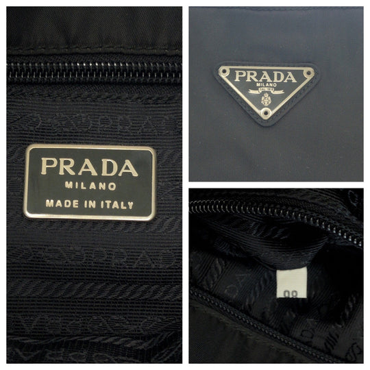 PRADA Tote Bag Nylon Black SilverMetal Tote Bag Shoulder Bag Test Triangle With logo Women Used Authentic