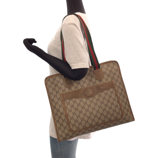 GUCCI Tote Bag 89 02 997 GG Supreme Canvas Brown Beige Gold Metal Tote Bag Shoulder Bag Old Gucci Shelly Line Women Used Authentic