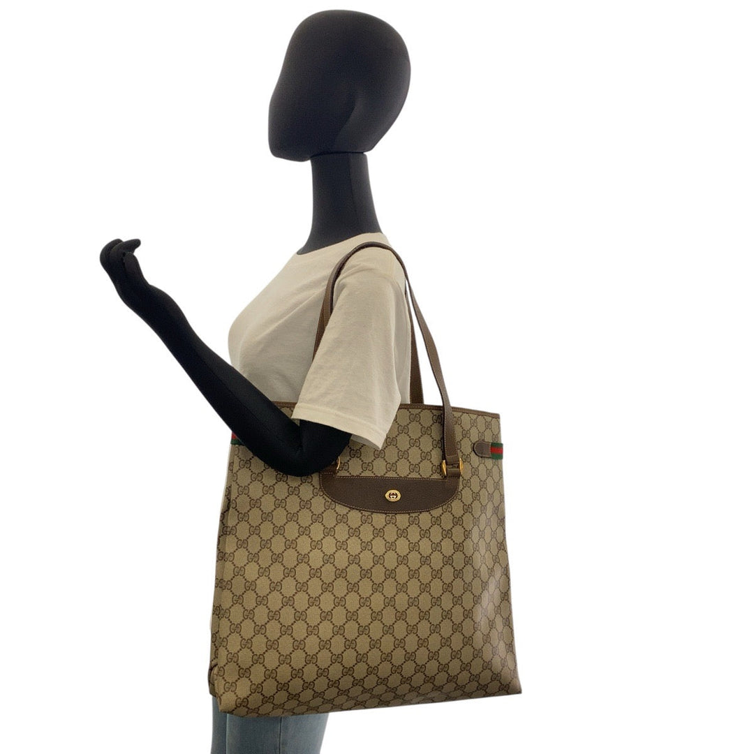 GUCCI Tote Bag 39 02 091 GG Supreme canvas, leather Beige Brown Gold Metal Tote Bag Shoulder Bag Sherry Line Old Gucci Women Used Authentic