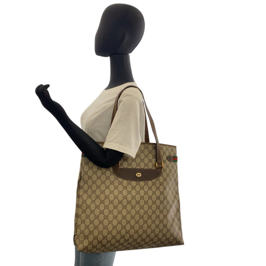 GUCCI Tote Bag 39 02 091 GG Supreme canvas, leather Beige Brown Gold Metal Tote Bag Shoulder Bag Sherry Line Old Gucci Women Used Authentic