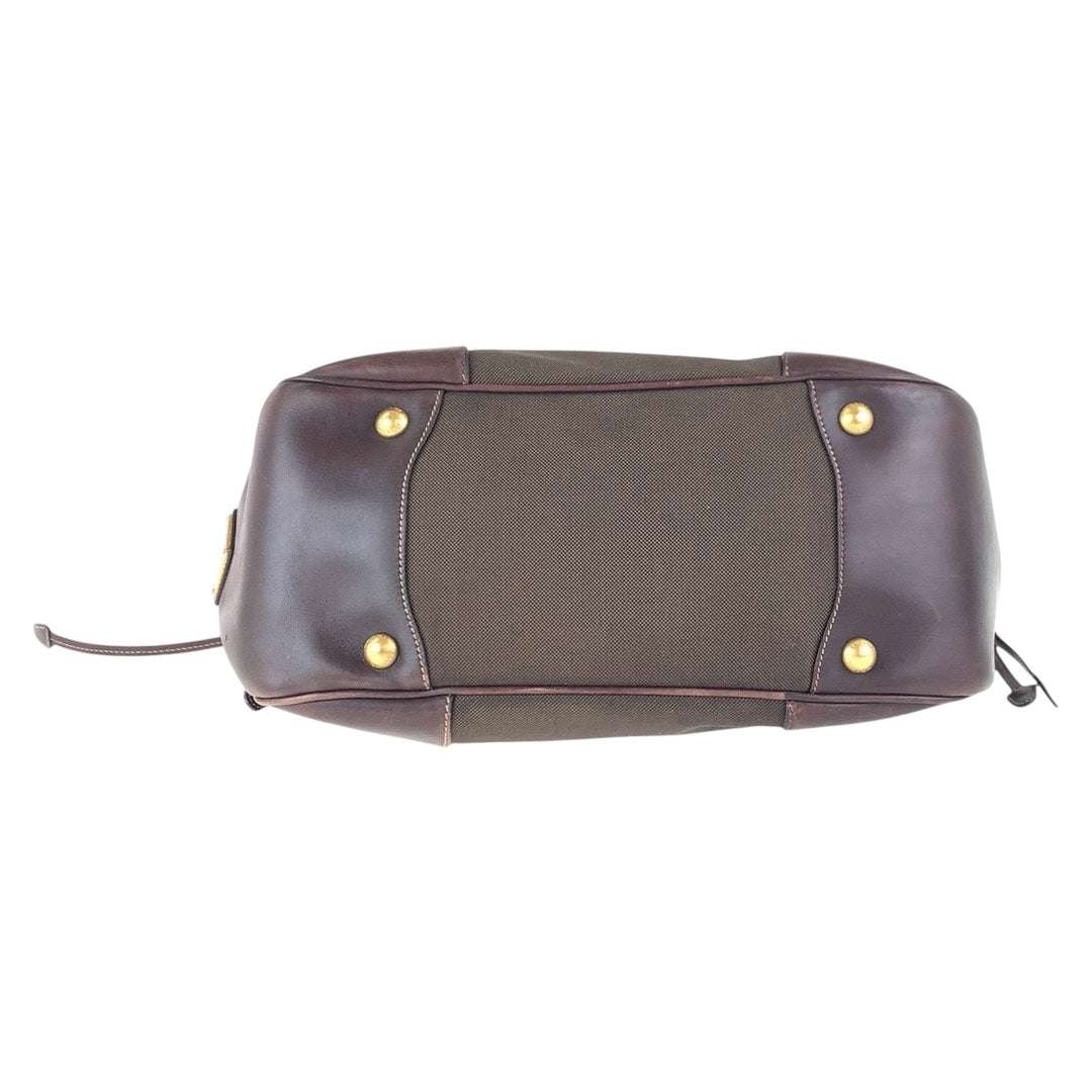 PRADA Shoulder Bag canvas Brown Gold Metal Logo jacquard