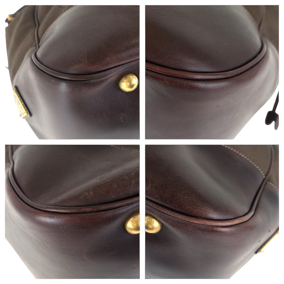 PRADA Shoulder Bag canvas Brown Gold Metal Logo jacquard
