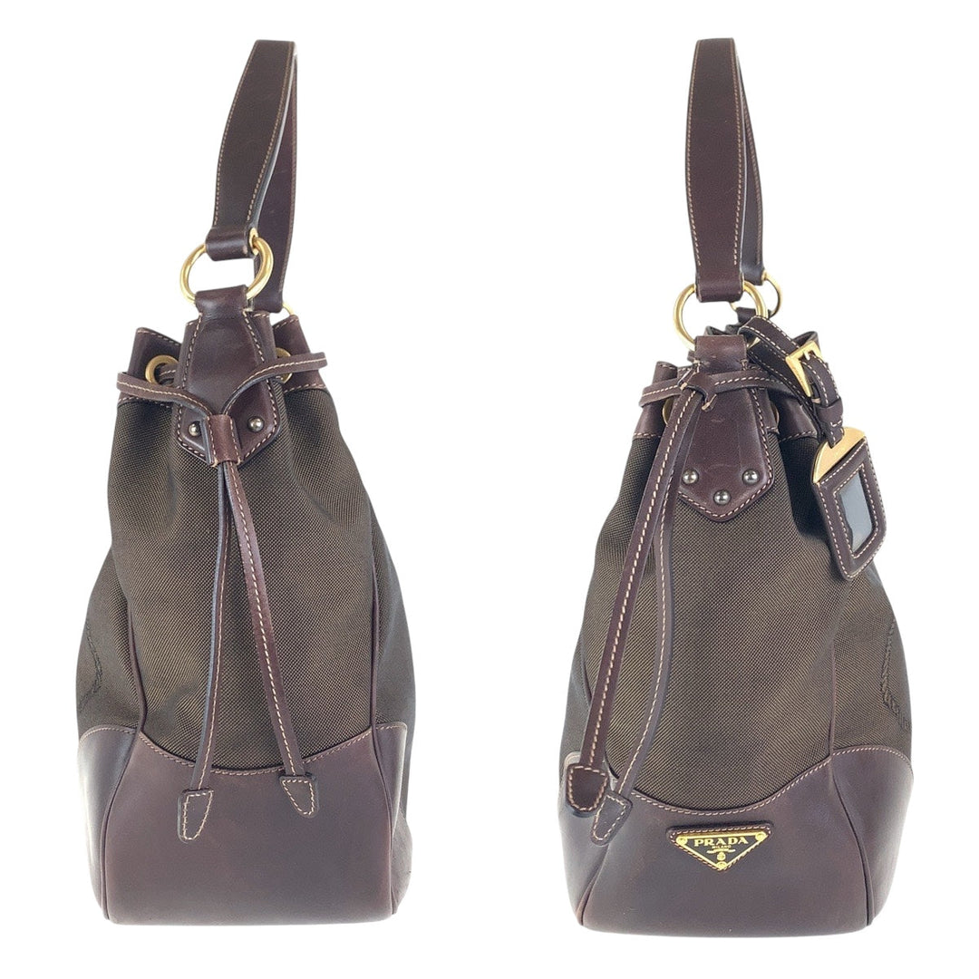 PRADA Shoulder Bag canvas Brown Gold Metal Logo jacquard