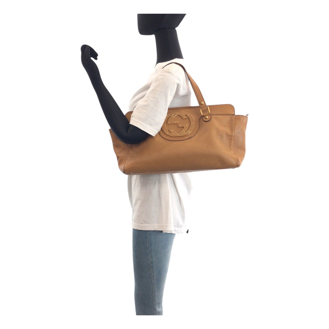 GUCCI Tote Bag 121551 leather Brown Gold Metal Interlocking G blondie studs
