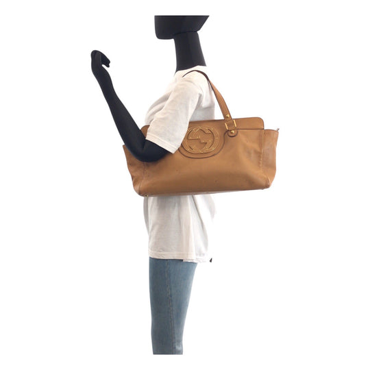 GUCCI Tote Bag 121551 leather Brown Gold Metal Interlocking G blondie studs