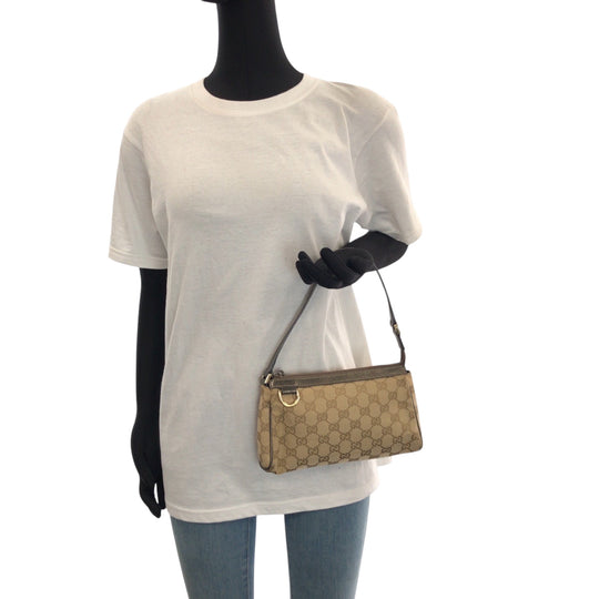 GUCCI Handbag 145750 canvas Brown Metallic Khaki Gray GoldMetal Handbag accessory pouch Women Used Authentic