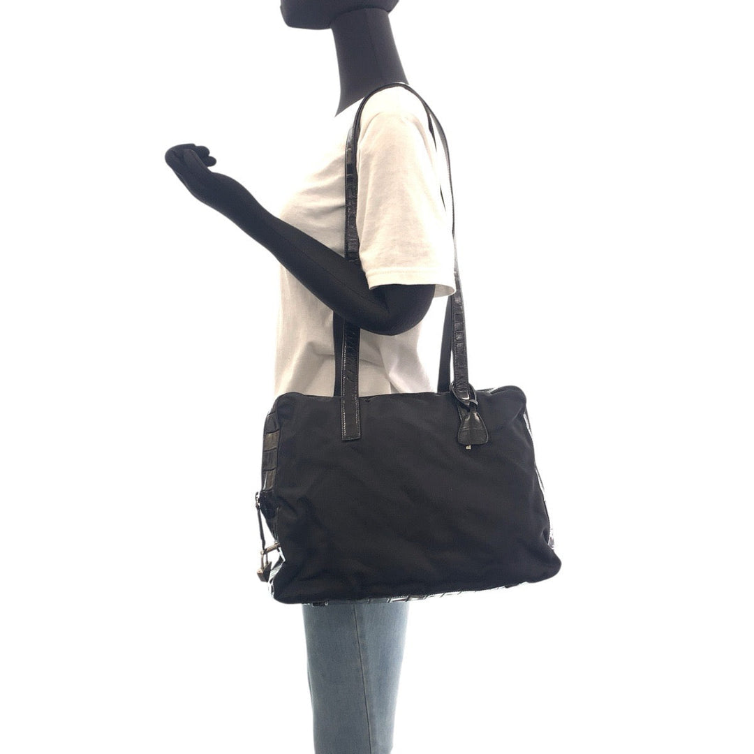 PRADA Shoulder Bag Nylon, Leather Black SilverMetal Shoulder Bag embossed Test Triangle With logo Women Used Authentic