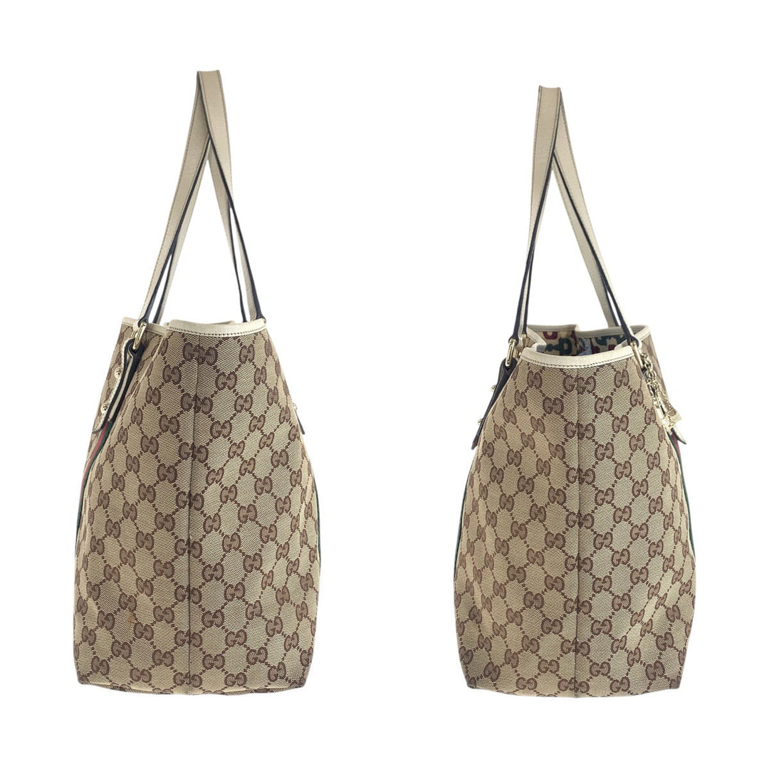GUCCI Tote Bag 139260 GG canvas, leather Brown White Gold Metal Tote Bag Shoulder Bag Sherry line Women Used Authentic