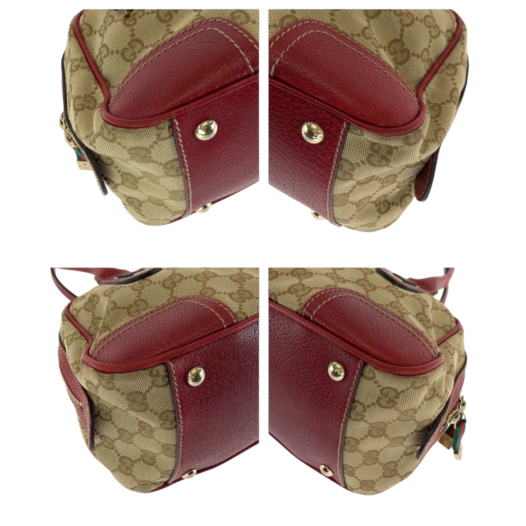 GUCCI Handbag 161720 GG canvas Beige Red Gold Metal Handbags Mini Boston Duffel bag Pretty Sherry Ribbon Women Used Authentic