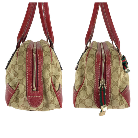 GUCCI Handbag 161720 GG canvas Beige Red Gold Metal Handbags Mini Boston Duffel bag Pretty Sherry Ribbon Women Used Authentic