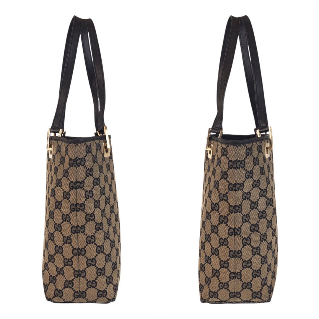 GUCCI Tote Bag 002 1099 GG canvas, leather Beige Black Gold Metal Tote Bag Shoulder Bag Women Used Authentic