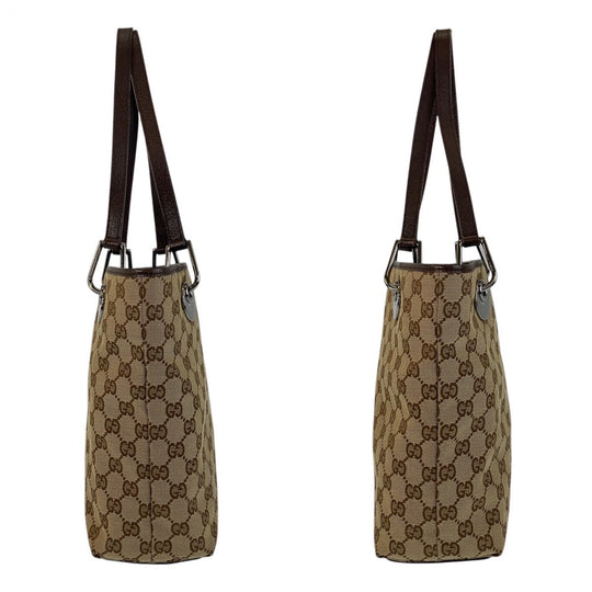 GUCCI Tote Bag 120840 GG canvas, leather Beige Brown SilverMetal Tote Bag Shoulder Bag Women Used Authentic