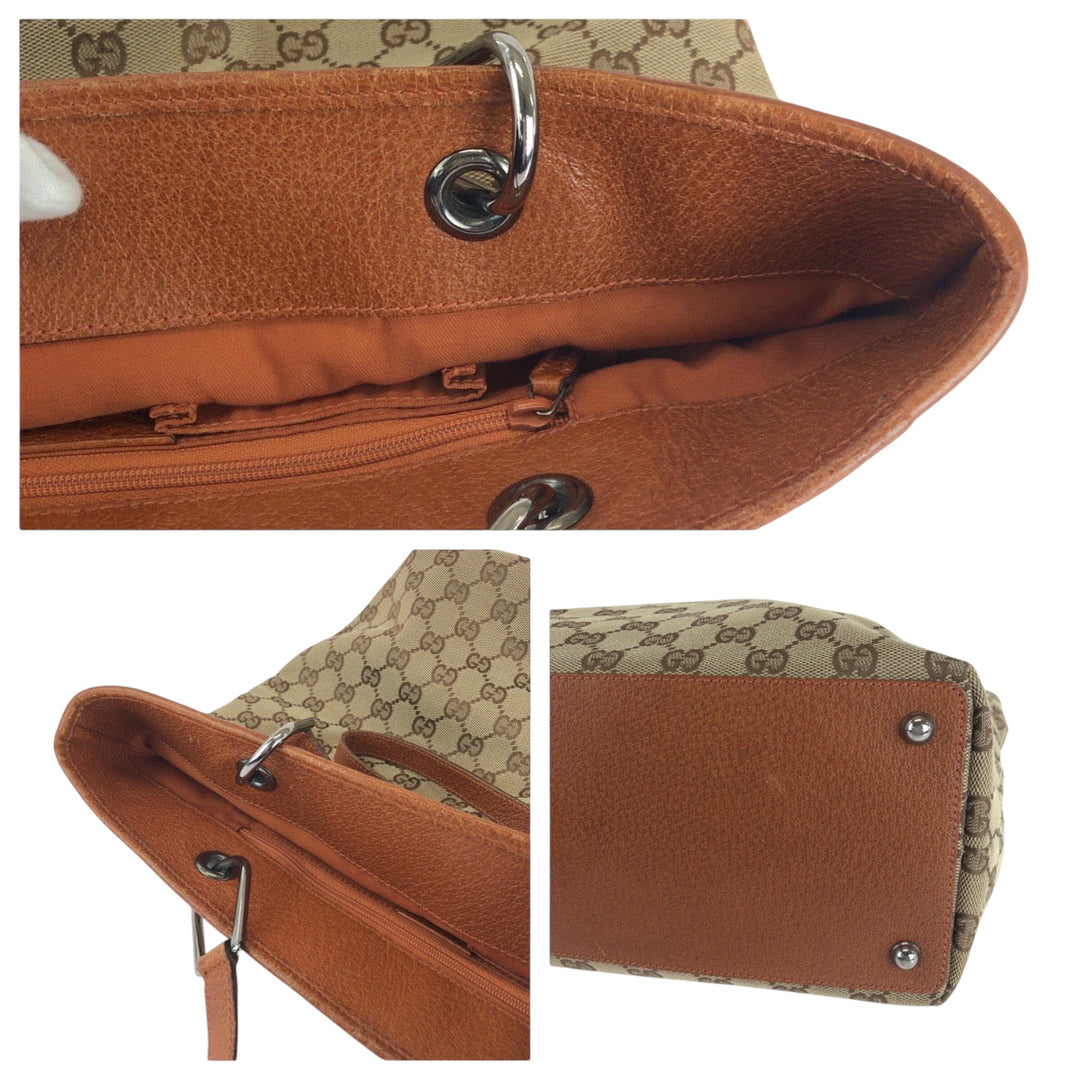 GUCCI Tote Bag 120836 GG canvas Brown Silver Metal Tote Bag Shoulder Bag Women Used Authentic
