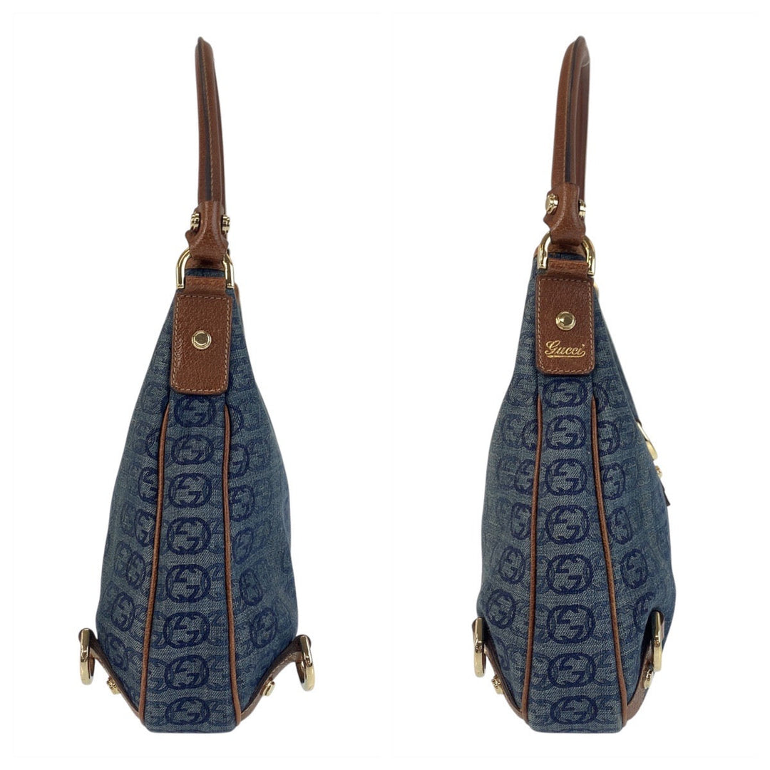 GUCCI Shoulder Bag 130738 canvas Blue Brown Gold Metal Abby Interlocking