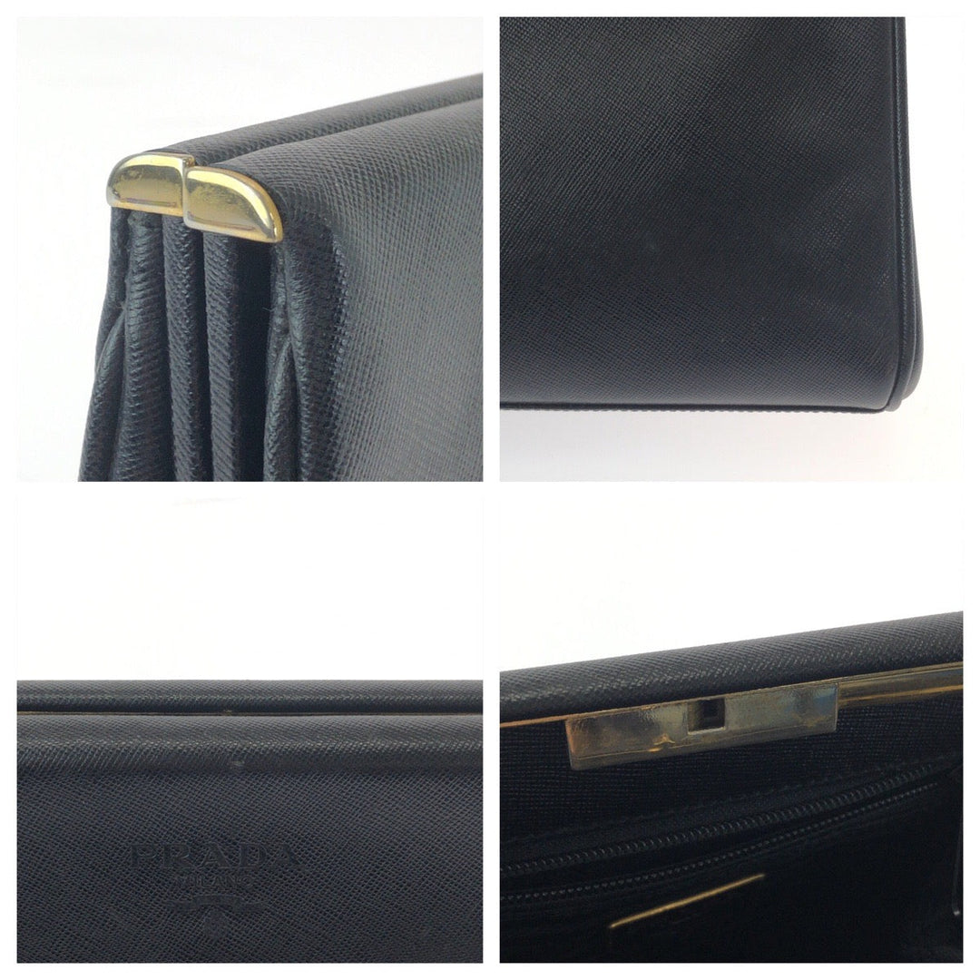 PRADA business bag leather Black GoldMetal business bag clutch bag Safiano logo Women Used Authentic