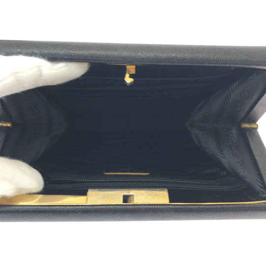 PRADA business bag leather Black GoldMetal business bag clutch bag Safiano logo Women Used Authentic