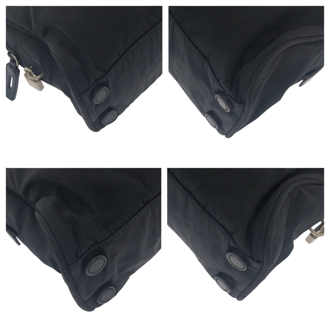 PRADA Tote Bag Nylon Black SilverMetal Tote Bag Shoulder Bag Test Triangle With logo Women Used Authentic