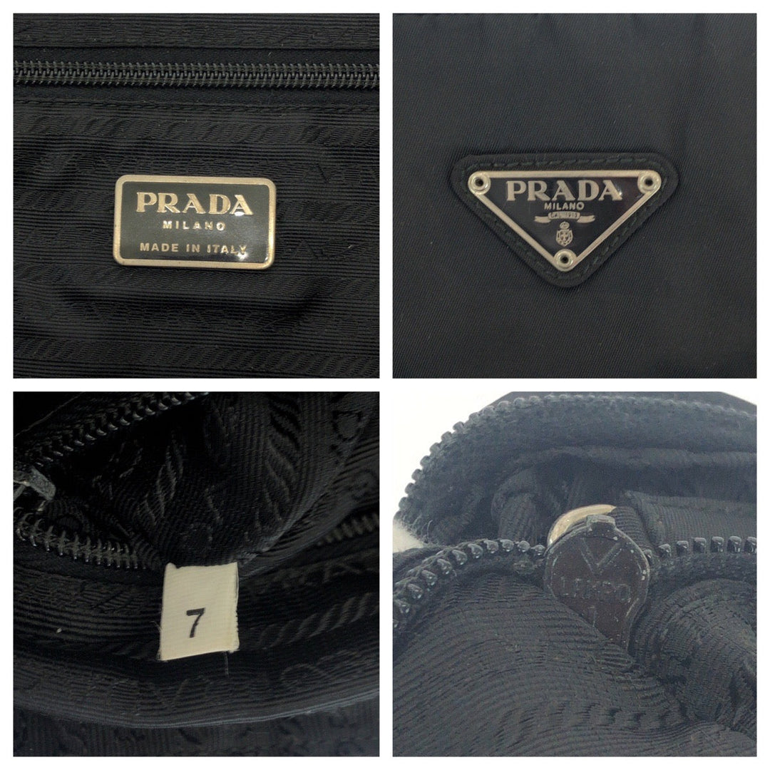 PRADA Tote Bag Nylon Black SilverMetal Tote Bag Shoulder Bag Test Triangle With logo Women Used Authentic