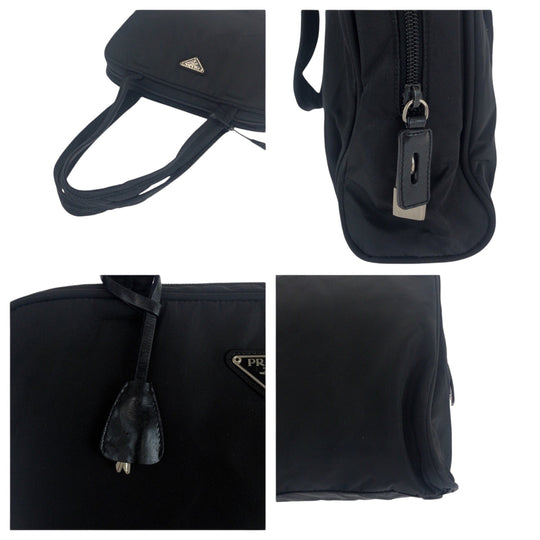 PRADA Tote Bag Nylon Black SilverMetal Tote Bag Shoulder Bag Test Triangle With logo Women Used Authentic