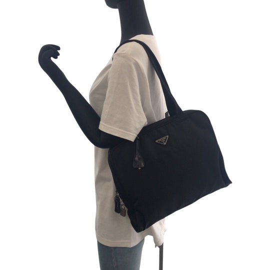 PRADA Tote Bag Nylon Black SilverMetal Tote Bag Shoulder Bag Test Triangle With logo Women Used Authentic