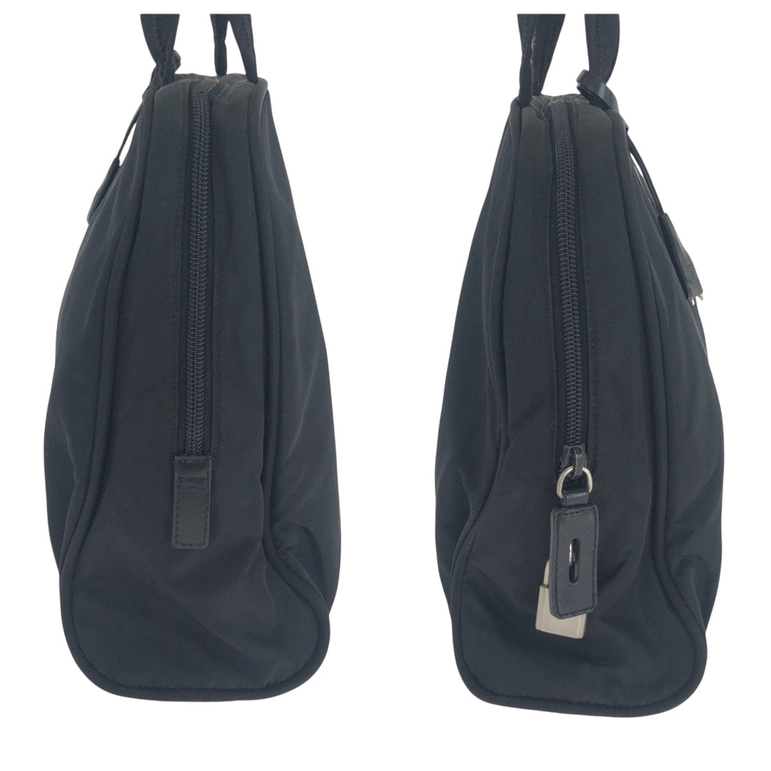 PRADA Tote Bag Nylon Black SilverMetal Tote Bag Shoulder Bag Test Triangle With logo Women Used Authentic