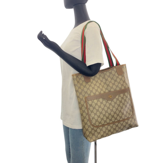 GUCCI Tote Bag 39 02 003 GG Supreme Canvas Beige Gold Metal Old Gucci Shelly Line
