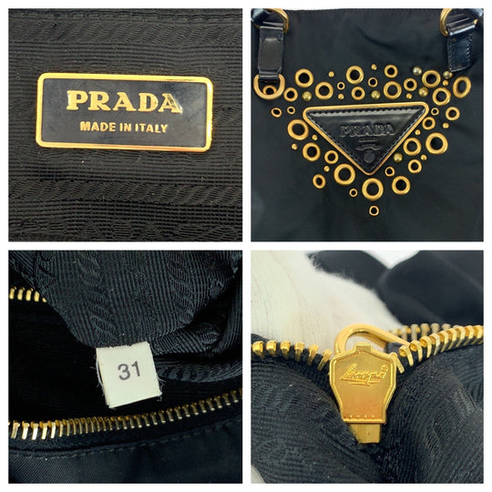 PRADA Tote Bag Nylon Black GoldMetal Test Triangle With logo studs