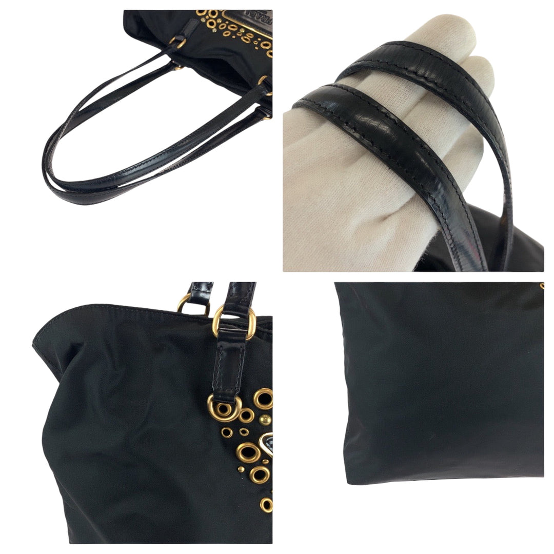 PRADA Tote Bag Nylon Black GoldMetal Test Triangle With logo studs