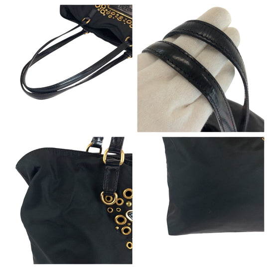 PRADA Tote Bag Nylon Black GoldMetal Test Triangle With logo studs